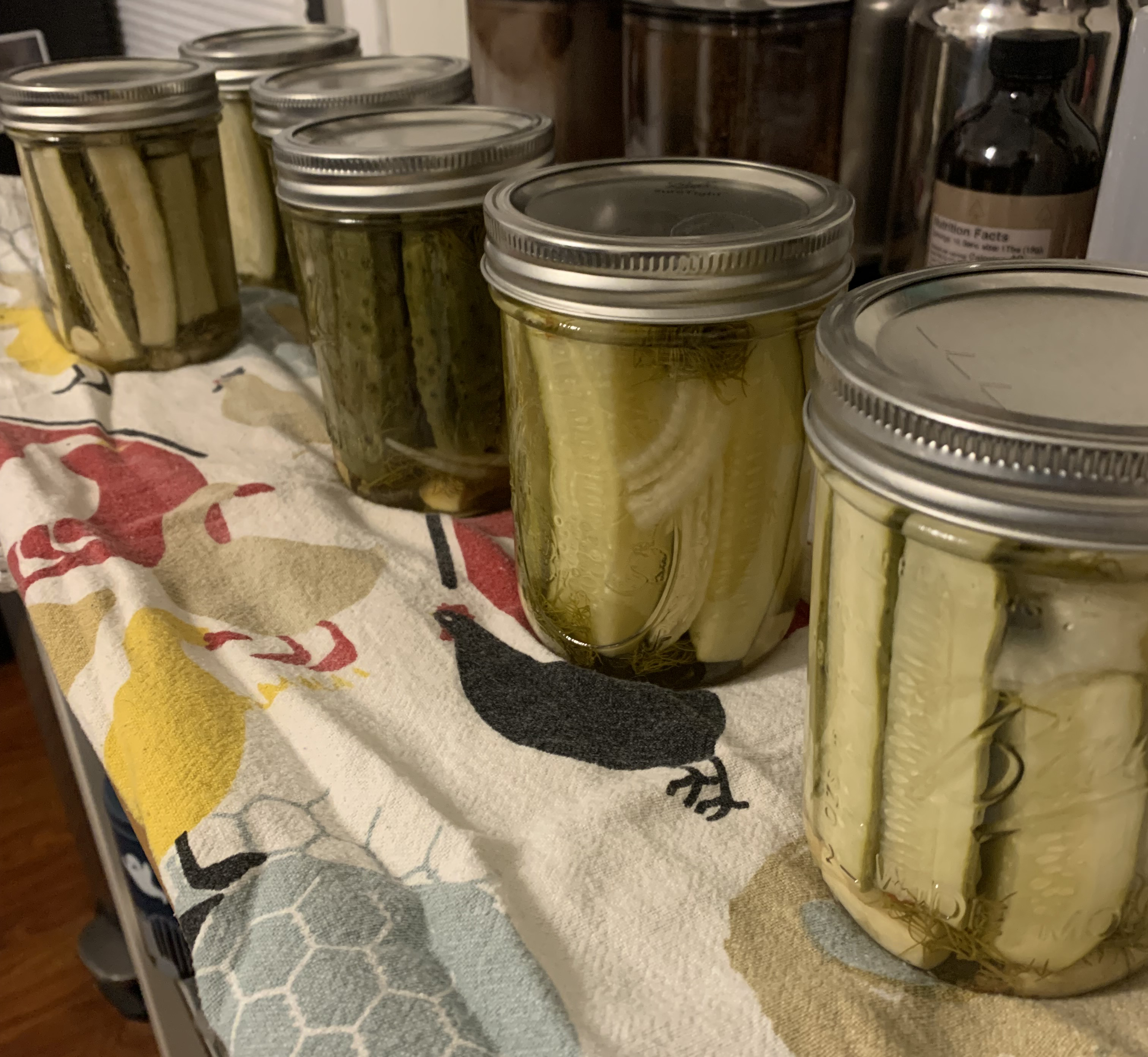 six mason jars of pickles sit resting on a kitchen towel
